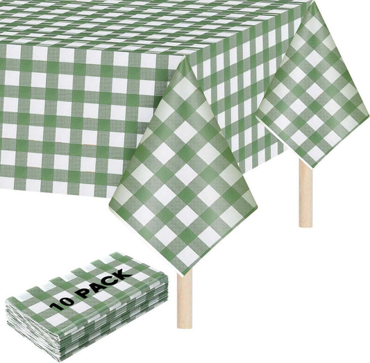 Mindsoft 10 Pack Gingham Party Tablecloth, 54 x 108 Inch Plastic Waterproof Heckered Disposable Plaid Party Tablecover for Picnic Birthday Baby Shower Bridal Wedding (Sage Green Checkered)