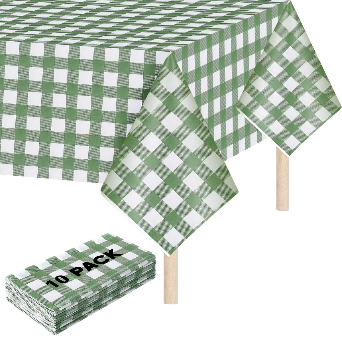 Mindsoft 10 Pack Gingham Party Tablecloth, 54 x 108 Inch Plastic Waterproof Heckered Disposable Plaid Party Tablecover for Picnic Birthday Baby Shower Bridal Wedding (Sage Green Checkered)