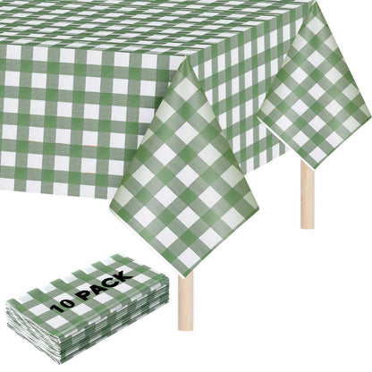 Mindsoft 10 Pack Gingham Party Tablecloth, 54 x 108 Inch Plastic Waterproof Heckered Disposable Plaid Party Tablecover for Picnic Birthday Baby Shower Bridal Wedding (Sage Green Checkered)