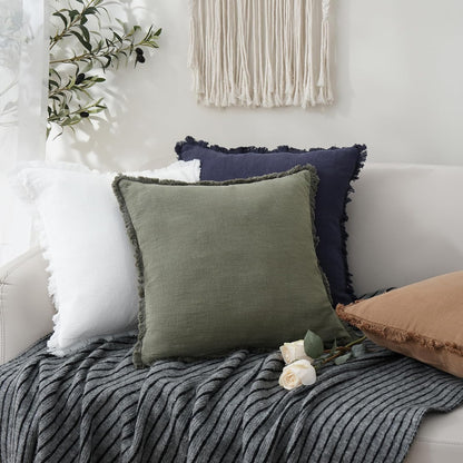 Foindtower Decorative Linen Fringe Throw Pillow Covers 20×20 Olive Green