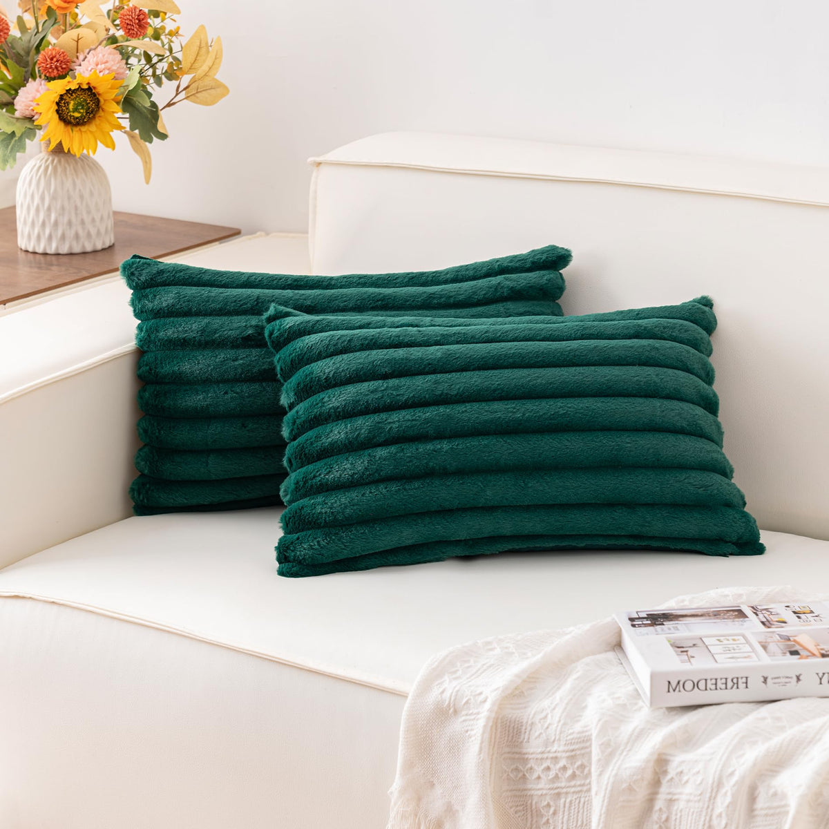 Pack of 2 Faux Fur Christmas Throw Pillow Covers 18x18 Inch, Cream White