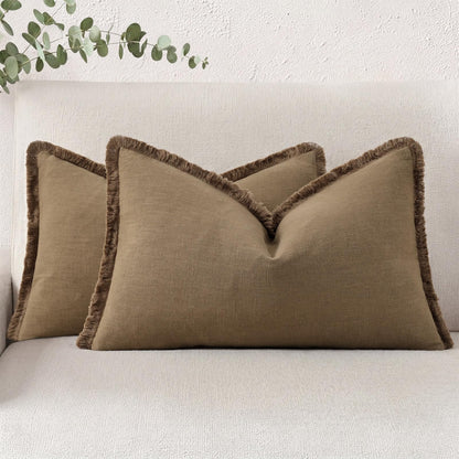 decorUhome Linen Fringe Natural Beige Throw Pillow Covers 18x18 Set of 2