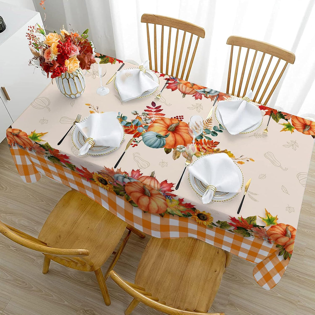 Hexagram Fall Tablecloth 60 x 84 Inches, Plaid Fall Table Cloth Rectangle