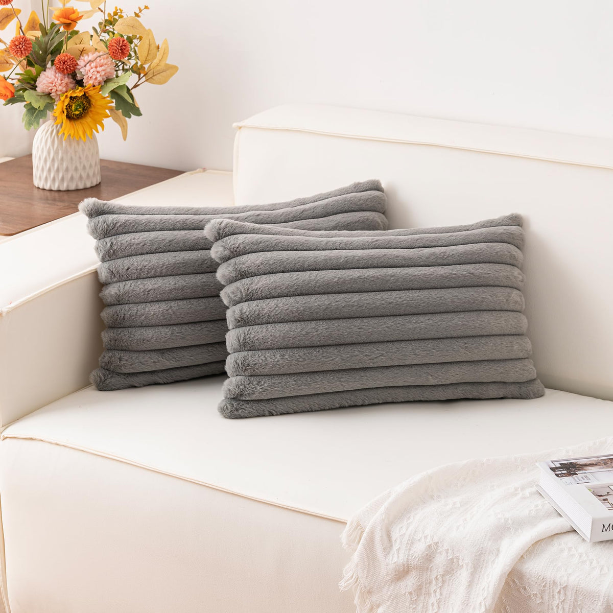 Pack of 2 Faux Fur Christmas Throw Pillow Covers 18x18 Inch, Cream White