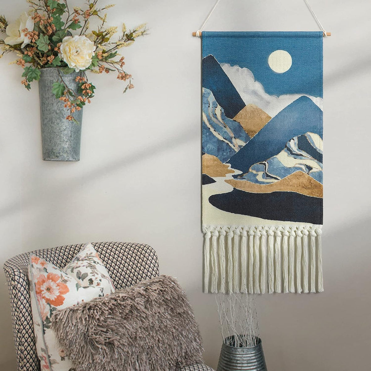 Blue Macrame Woven Wall Hanging Tapestry Boho Wall Art Moon Mountain