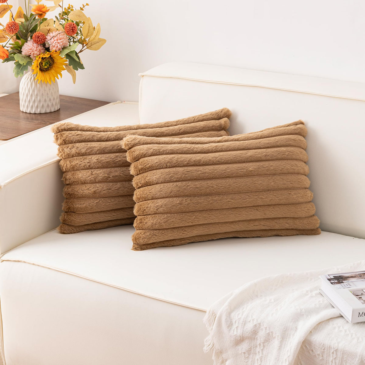 Pack of 2 Faux Fur Christmas Throw Pillow Covers 18x18 Inch, Cream White
