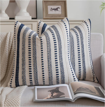 Cethom Navy Blue Boho Throw Pillow Covers 18x18 Inch Set of 2, Stripe Textured Decorative Couch Pillow Cases for Bed, Sofa, Living Room, Bedroom, Farmhouse Home Accent Cushion Covers