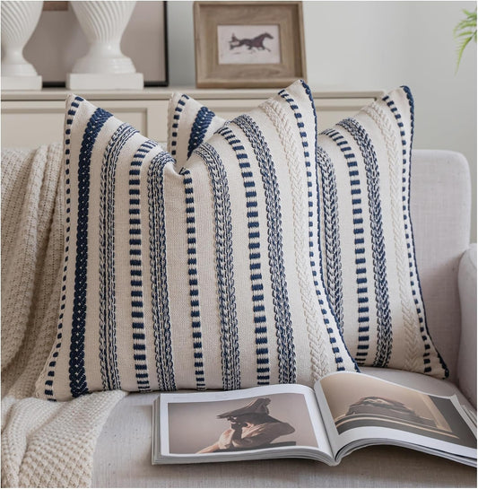 Cethom Navy Blue Boho Throw Pillow Covers 18x18 Inch Set of 2, Stripe Textured Decorative Couch Pillow Cases for Bed, Sofa, Living Room, Bedroom, Farmhouse Home Accent Cushion Covers