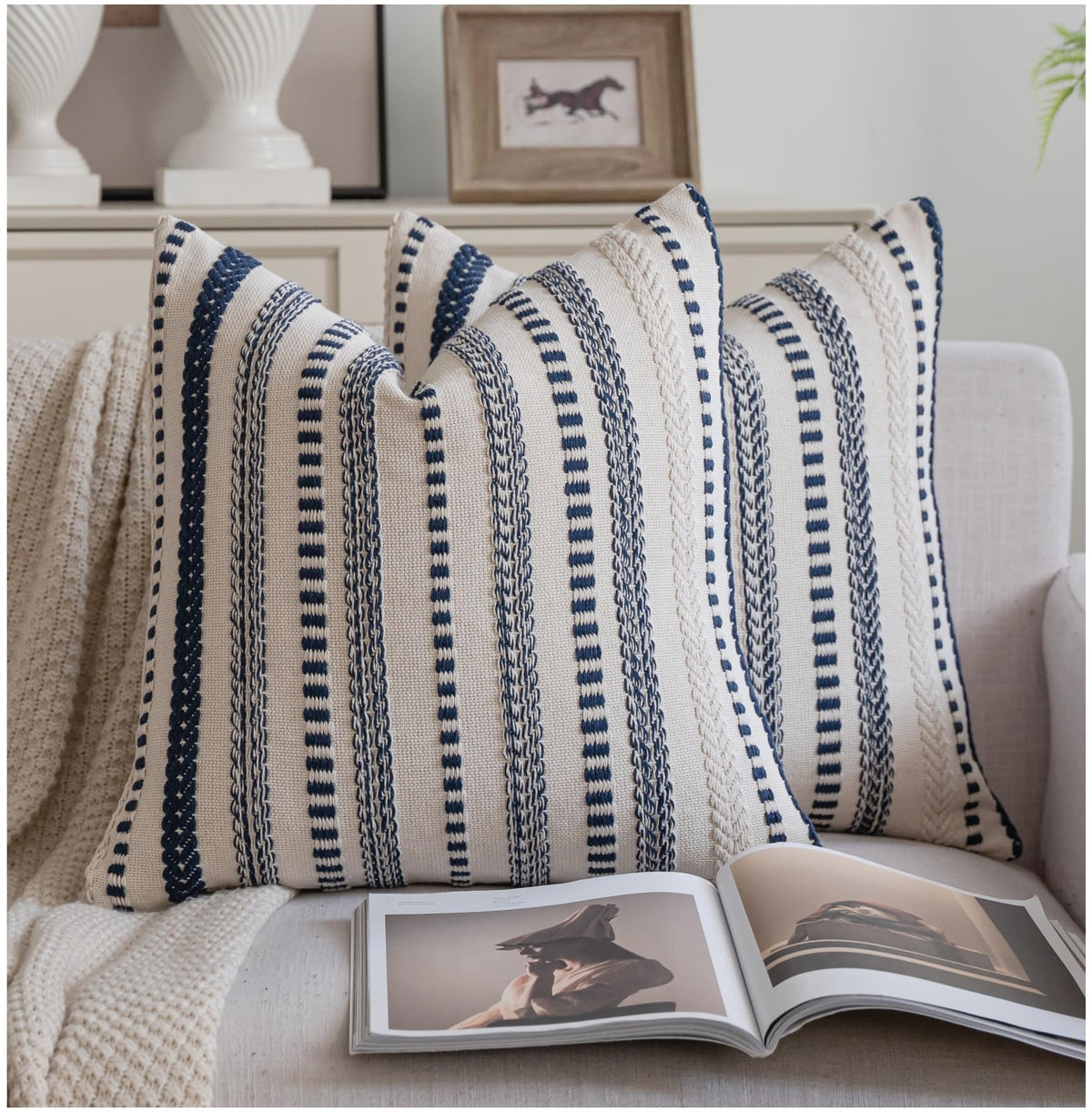 Cethom Navy Blue Boho Throw Pillow Covers 18x18 Inch Set of 2, Stripe Textured Decorative Couch Pillow Cases for Bed, Sofa, Living Room, Bedroom, Farmhouse Home Accent Cushion Covers