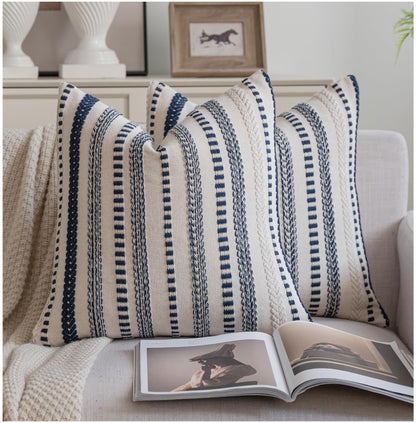 Cethom Navy Blue Boho Throw Pillow Covers 18x18 Inch Set of 2, Stripe Textured Decorative Couch Pillow Cases for Bed, Sofa, Living Room, Bedroom, Farmhouse Home Accent Cushion Covers