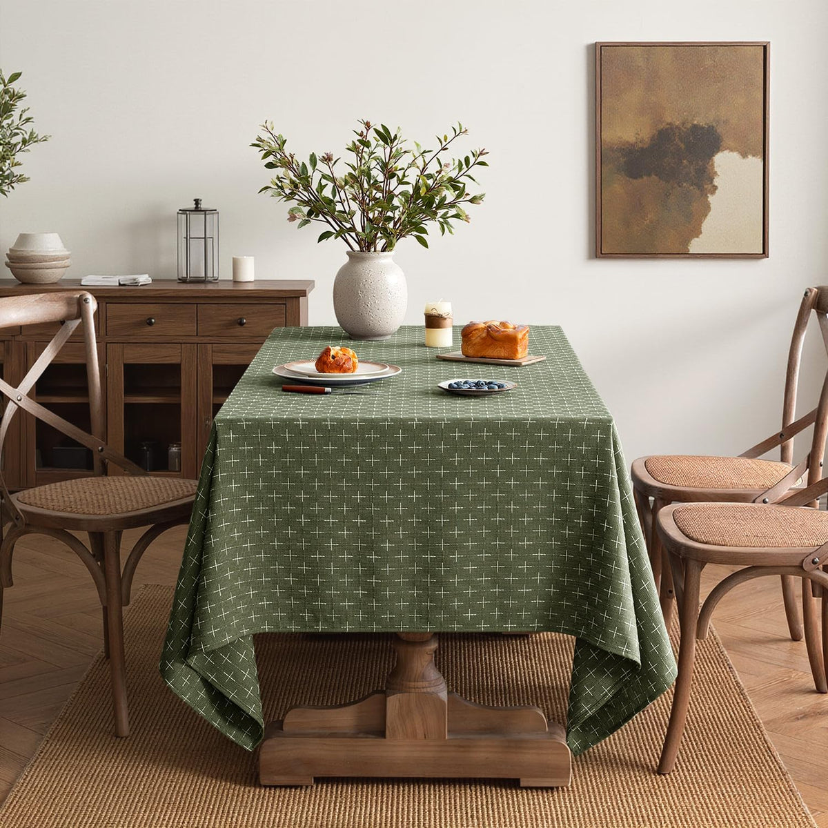 MIULEE Olive Green Rectangle Cross-Star Textured Table Cloth 52x70 Inch