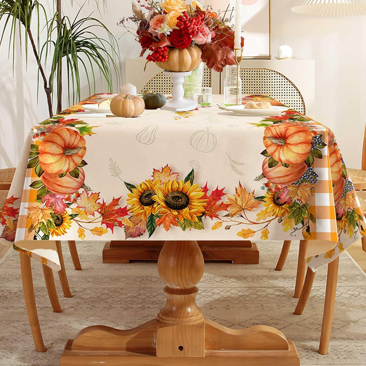 Hexagram Fall Tablecloth 60 x 84 Inches, Plaid Fall Table Cloth Rectangle