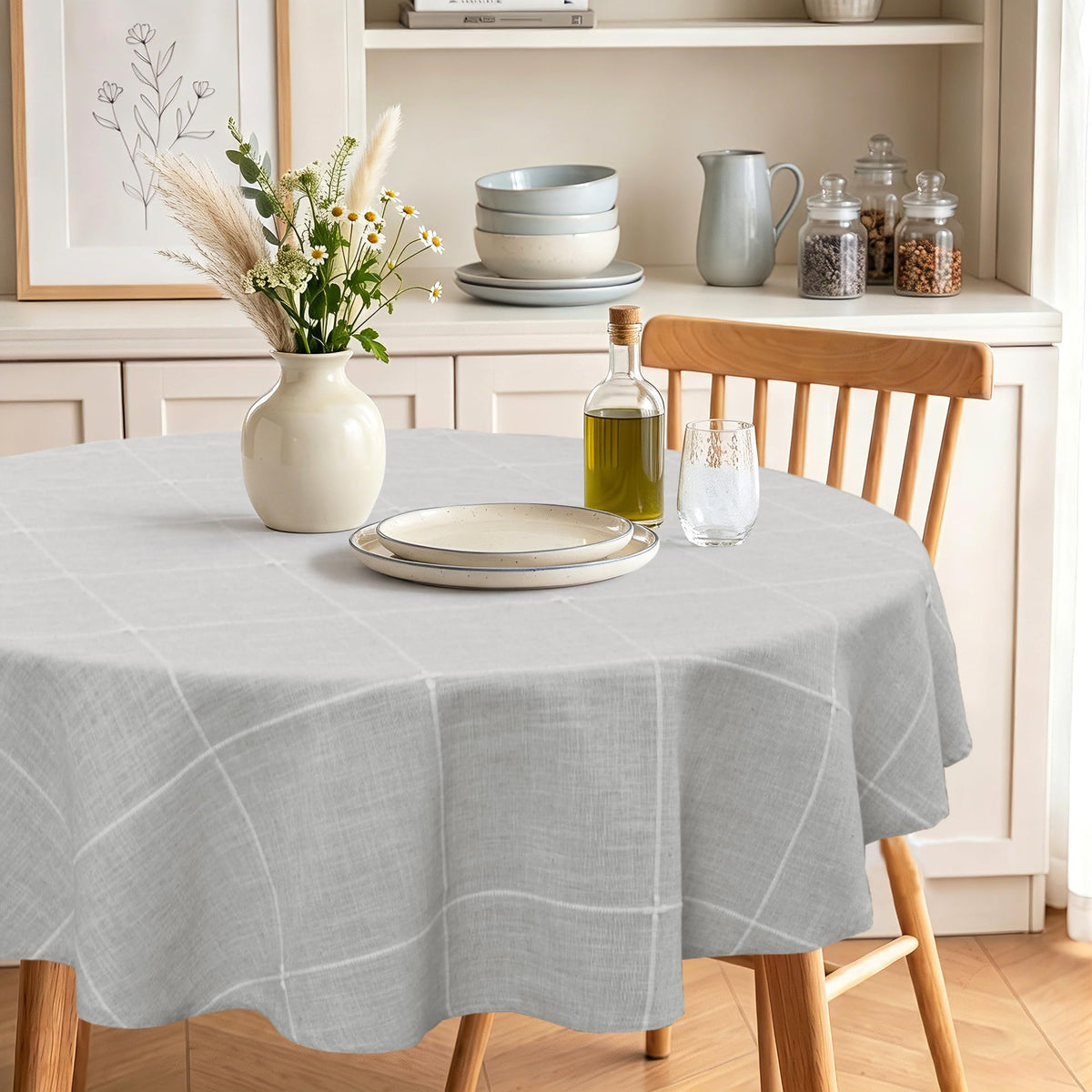 JIUZHEN Round Table Cloth Faux Linen Farmhouse Tablecloth Wrinkle and Stain Resistant Decorative Fabric Table Cover for Kitchen, Dining Room, Parties and Camping, Beige, 120 Inch Round