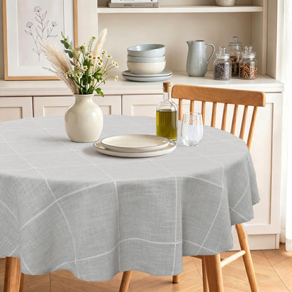 JIUZHEN Round Table Cloth Faux Linen Farmhouse Tablecloth Wrinkle and Stain Resistant Decorative Fabric Table Cover for Kitchen, Dining Room, Parties and Camping, Beige, 120 Inch Round