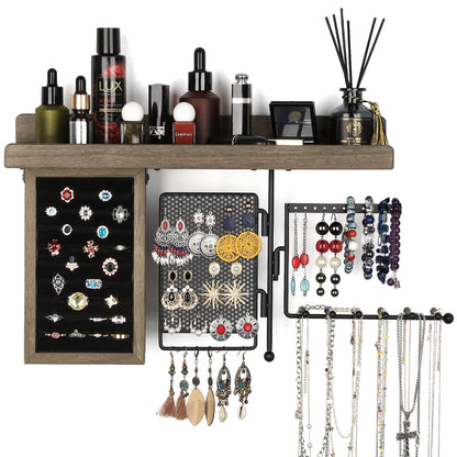 SOLIMINTR Hanging Jewelry Organizer Wall Mount with Rustic Wood Shelf, Ring Display Box, Ear Studs Earring Holder, Rotating Necklace Holder Organizer