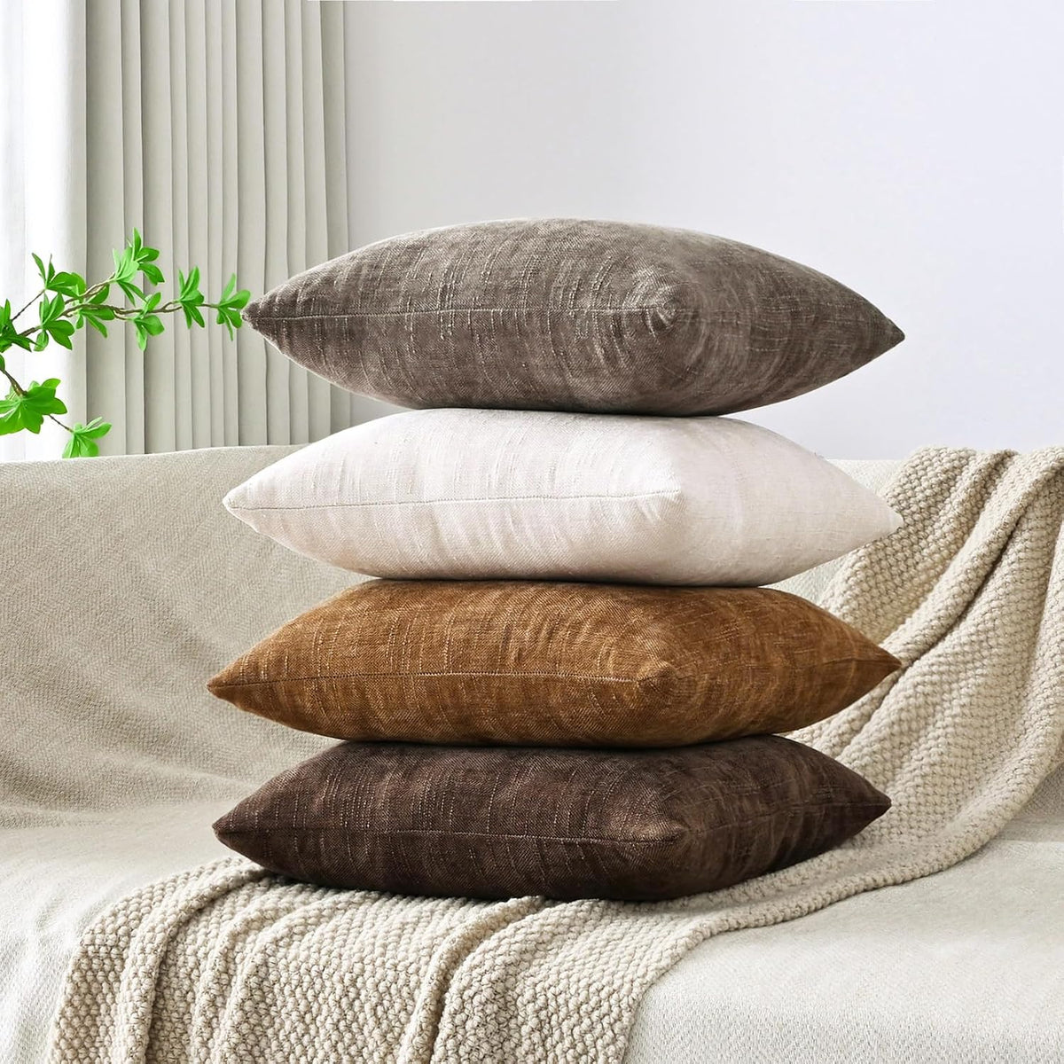 Set of 4 Soft Textured Throw Pillow Covers 18x18 Inch Cozy Decorative Farmhouse Cushion Cover Square Accent Pillow Cases for Bed Couch Sofa Living Room, Beige Taupe Brown