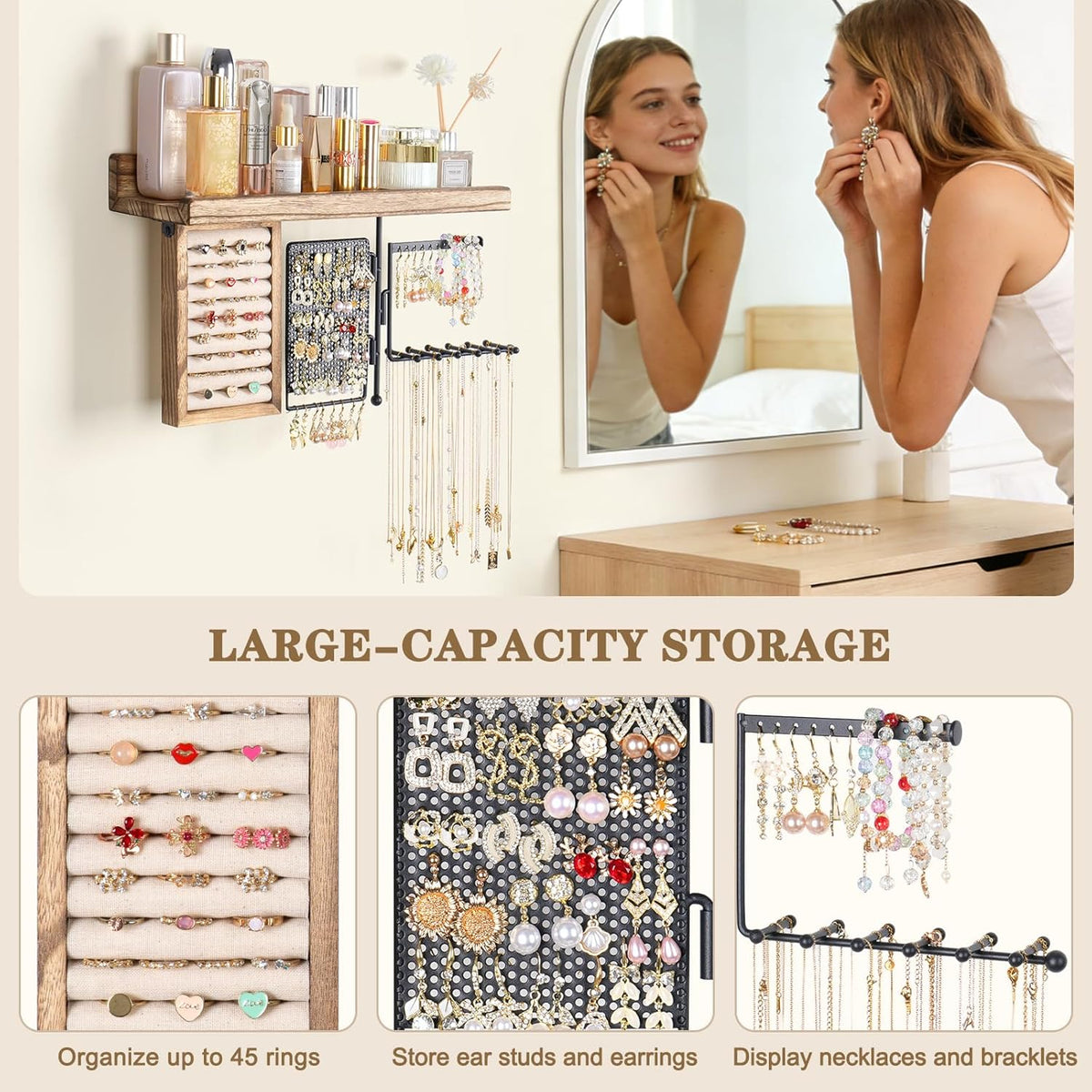 SOLIMINTR Hanging Jewelry Organizer Wall Mount with Rustic Wood Shelf, Ring Display Box, Ear Studs Earring Holder, Rotating Necklace Holder Organizer