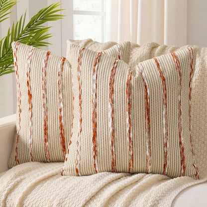 ANRODUO Boho Decorative Pillow Covers Olive Green Stripe 18x18 Pack of 2