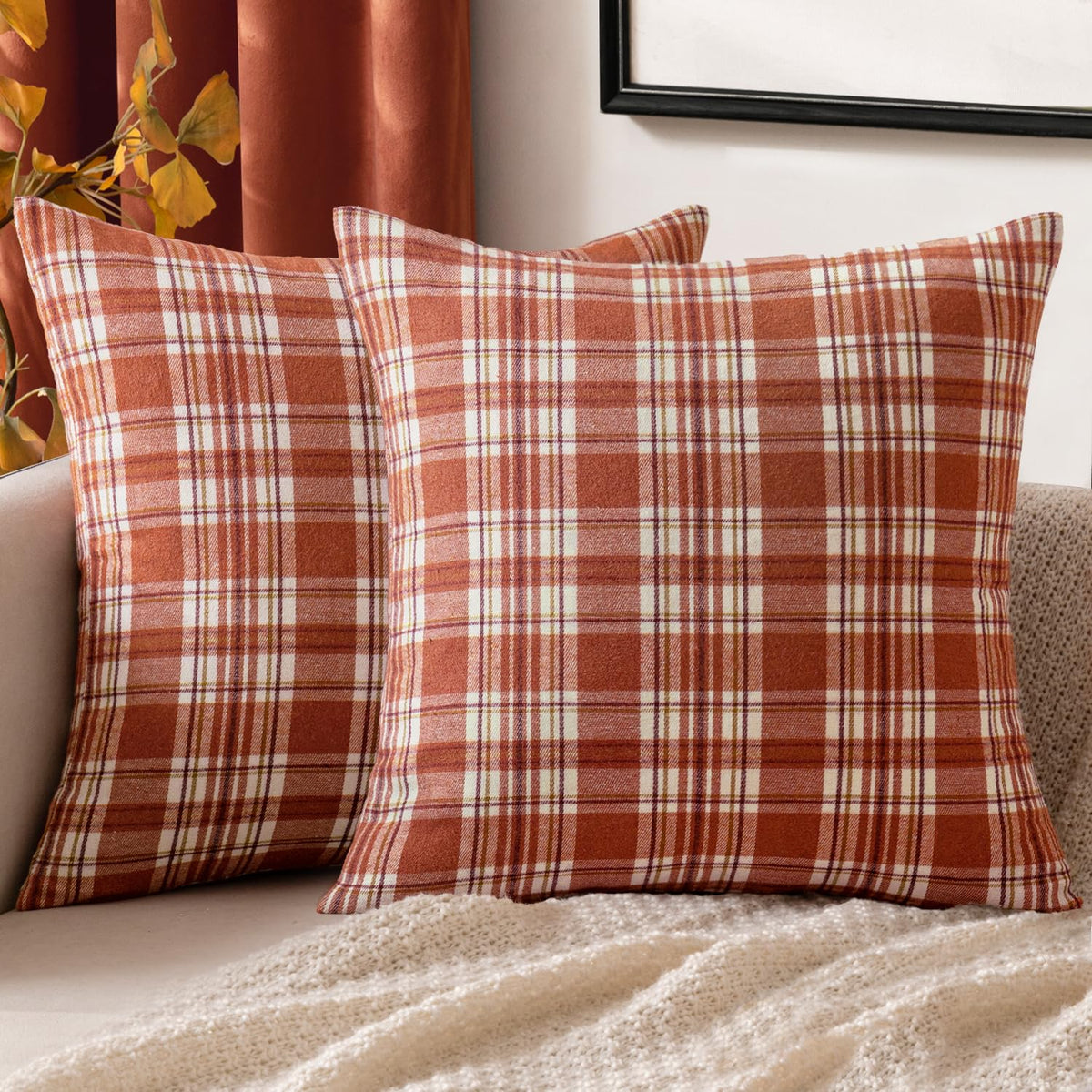 MIULEE Fall Plaid Pillow Covers Scottish Tartan 18x18 Terracotta Brown