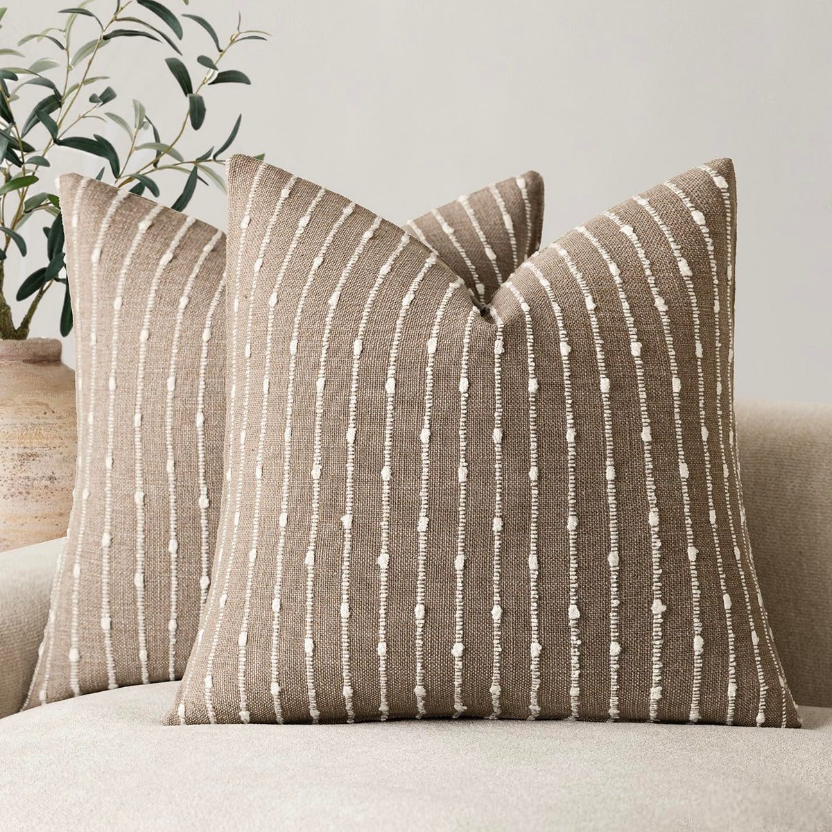 Foindtower Decorative Striped Boucle Throw Pillow Covers 18x18 Inch Camel