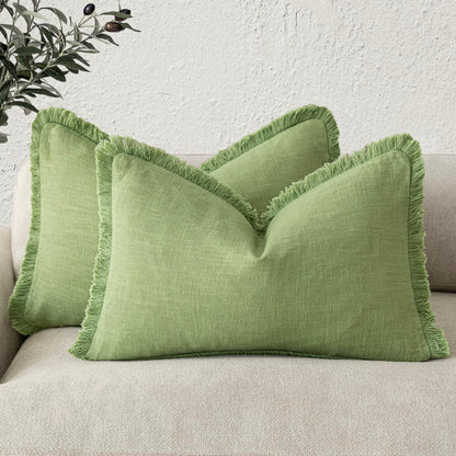 Foindtower Decorative Linen Fringe Throw Pillow Covers 20×20 Olive Green