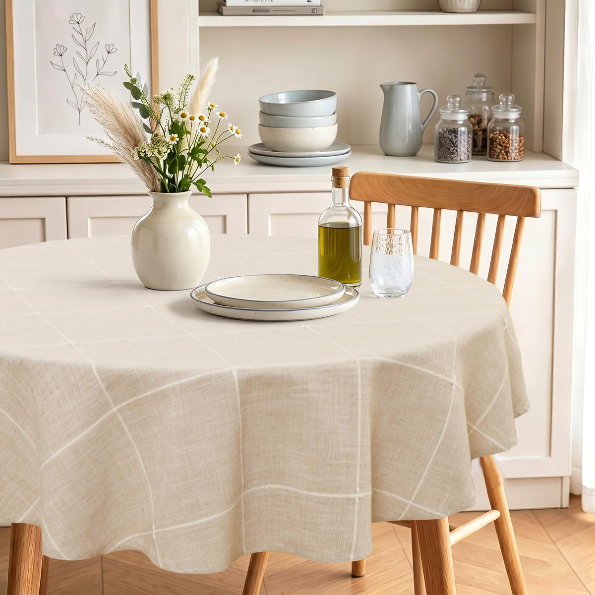 JIUZHEN Round Table Cloth Faux Linen Farmhouse Tablecloth Wrinkle and Stain Resistant Decorative Fabric Table Cover for Kitchen, Dining Room, Parties and Camping, Beige, 120 Inch Round