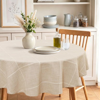 JIUZHEN Round Table Cloth Faux Linen Farmhouse Tablecloth Wrinkle and Stain Resistant Decorative Fabric Table Cover for Kitchen, Dining Room, Parties and Camping, Beige, 120 Inch Round