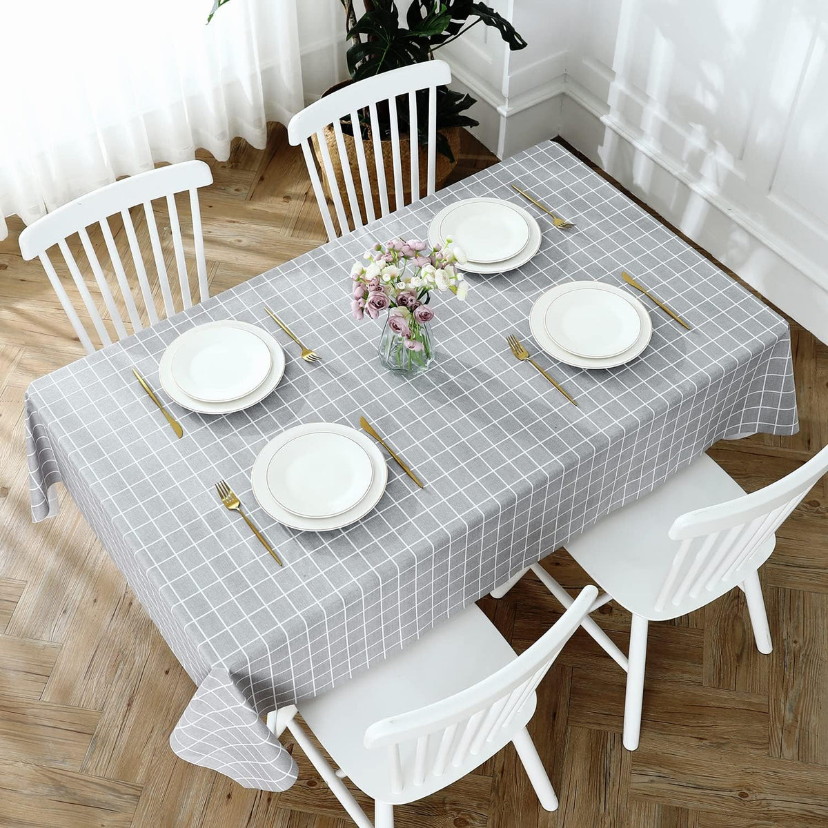 Romanstile Rectangle Vinyl Tablecloth, 100% Waterproof Oil-Proof Checkered Plastic Table Cloth, Heavy Duty Wipeable Table Covers for Dining, Camping, Picnic, Outdoor - 54 x 78 Inch, Grey