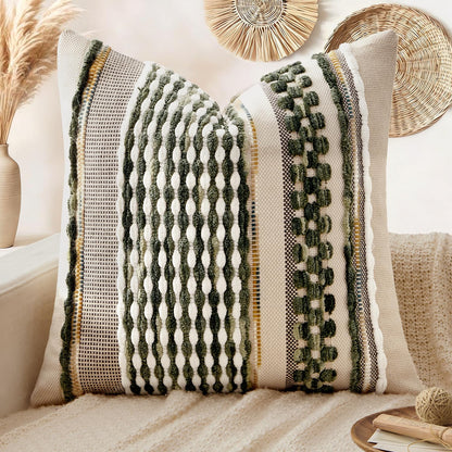 ANRODUO Boho Decorative Pillow Covers Olive Green Stripe 18x18 Pack of 2