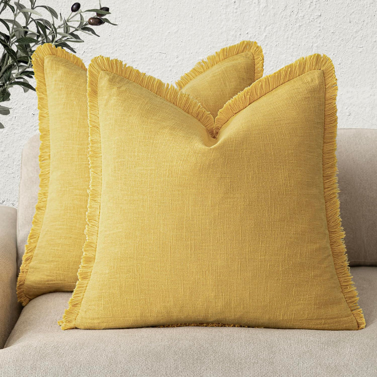 Foindtower Decorative Linen Fringe Throw Pillow Covers 20×20 Olive Green