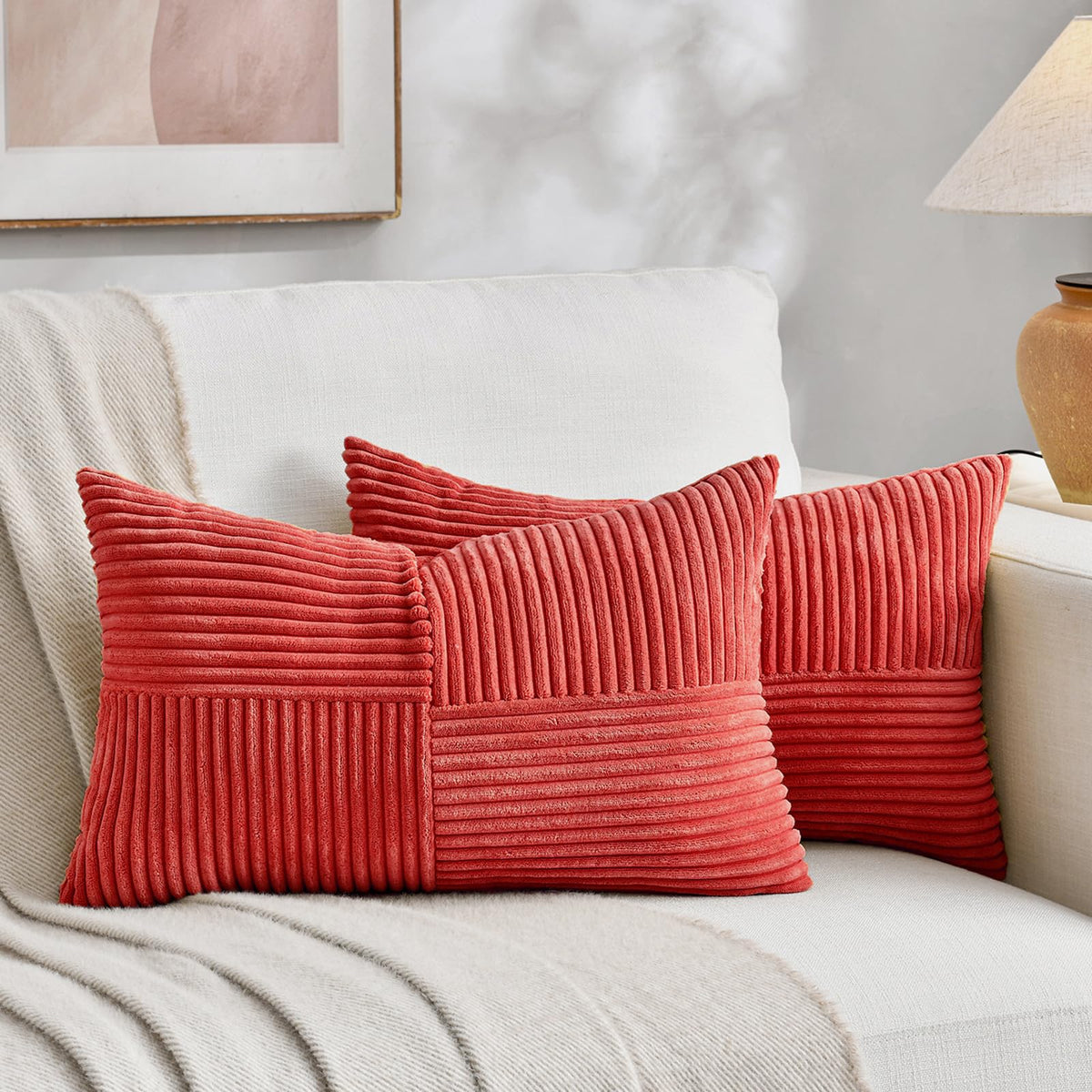 Fancy Homi 2 Packs Rust Boho Decorative Throw Pillow Covers 18x18 Inch for Couch Bed Sofa, Farmhouse Fall Home Decor, Soft Corss Corduroy Patchwork Textured Terracotta Accent Cushion Case 45x45 cm