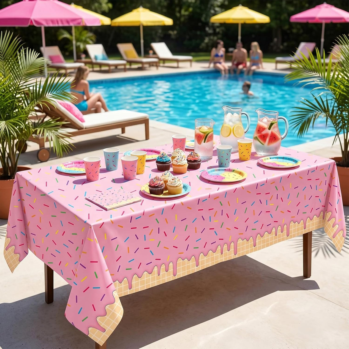 3-Piece 54 x 108 Inch Summer Dessert Plastic Tablecloth – Blue, Yellow, Pink Sprinkle Design, Disposable Rectangle Table Cover for Birthday, Pool Party, Indoor Outdoor Summer Decorations