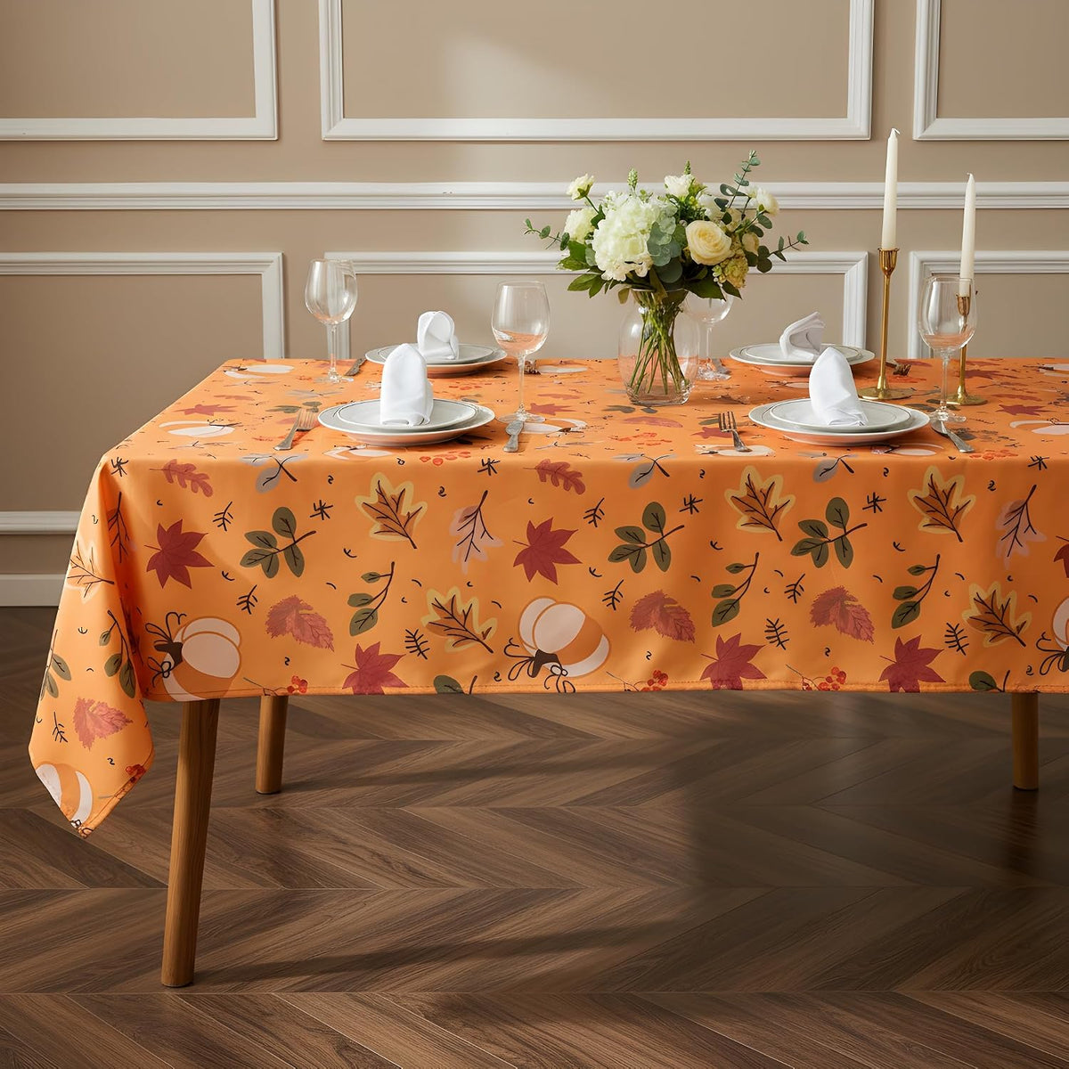 Thanksgiving Waterproof Tablecloth – Fall Harvest Pumpkins, Maple Leaves & Berries Print – Autumn Rectangle Table Cover for Dining or Party, Brown, W60 x L84 in