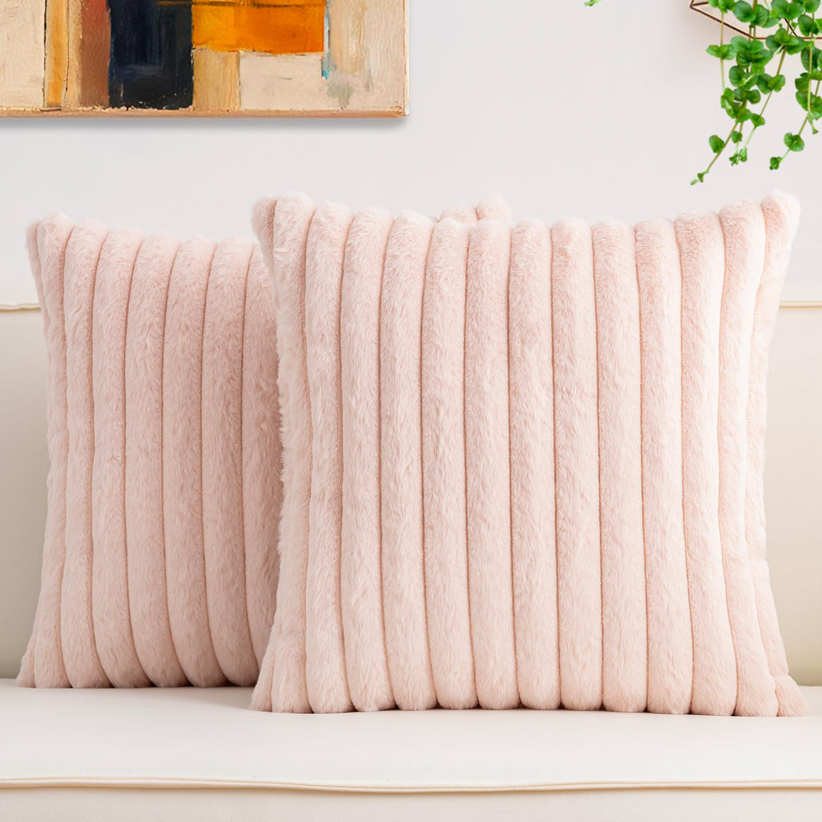 Pack of 2 Faux Fur Christmas Throw Pillow Covers 18x18 Inch, Cream White