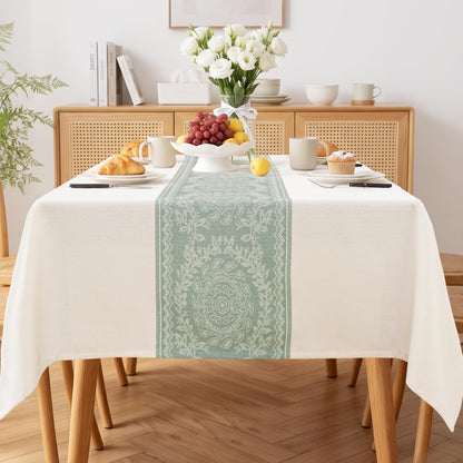 JIUZHEN Round Table Cloth Faux Linen Farmhouse Tablecloth Wrinkle and Stain Resistant Decorative Fabric Table Cover for Kitchen, Dining Room, Parties and Camping, Beige, 120 Inch Round
