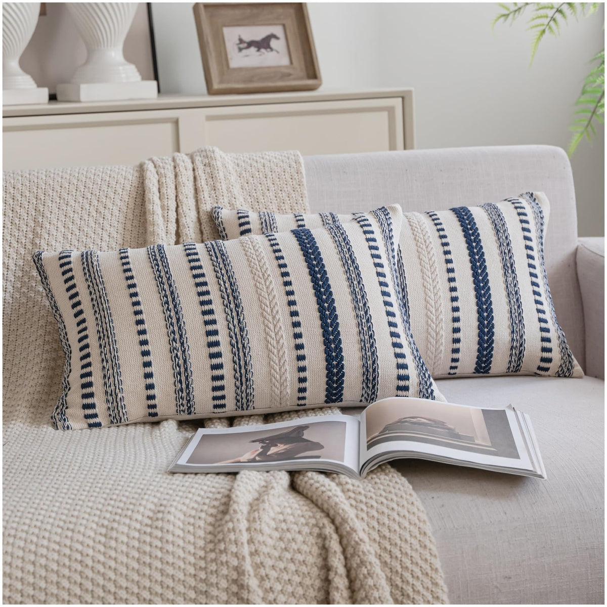 Cethom Navy Blue Boho Throw Pillow Covers 18x18 Inch Set of 2, Stripe Textured Decorative Couch Pillow Cases for Bed, Sofa, Living Room, Bedroom, Farmhouse Home Accent Cushion Covers