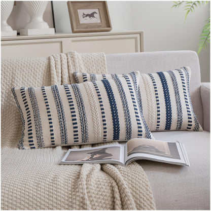 Cethom Navy Blue Boho Throw Pillow Covers 18x18 Inch Set of 2, Stripe Textured Decorative Couch Pillow Cases for Bed, Sofa, Living Room, Bedroom, Farmhouse Home Accent Cushion Covers