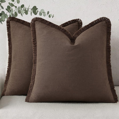 decorUhome Linen Fringe Natural Beige Throw Pillow Covers 18x18 Set of 2