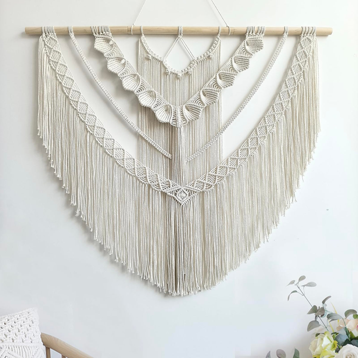 Achart Macrame Wall Hanging Large- Boho Wall Decor- large wall art- Wall Decor Living Room- Macrame Tapestry Boho Decor for Bedroom (Beige-Fringe)