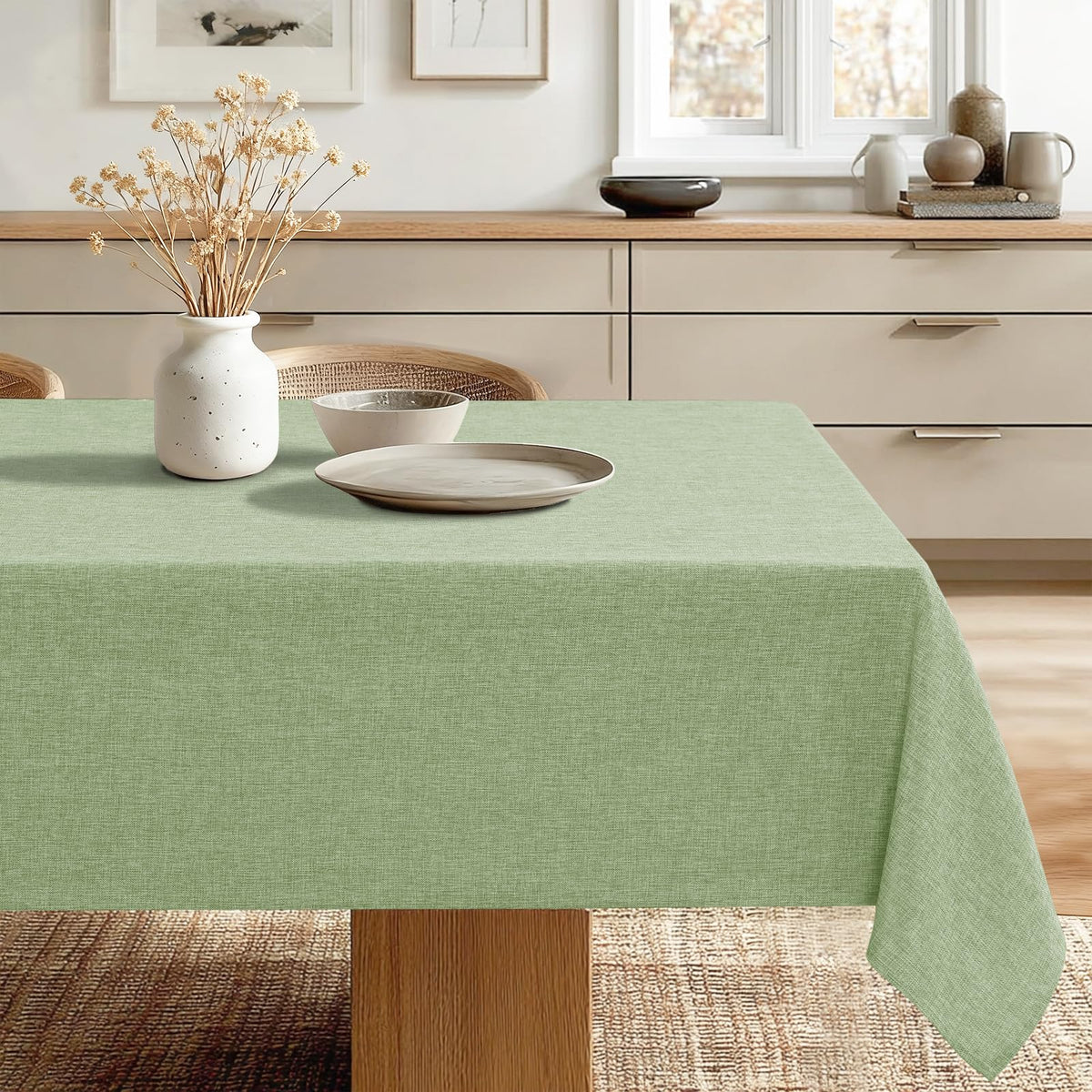 JIUZHEN Round Table Cloth Faux Linen Farmhouse Tablecloth Wrinkle and Stain Resistant Decorative Fabric Table Cover for Kitchen, Dining Room, Parties and Camping, Beige, 120 Inch Round