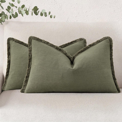decorUhome Linen Fringe Natural Beige Throw Pillow Covers 18x18 Set of 2