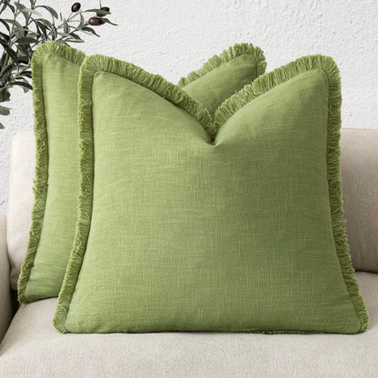 Foindtower Decorative Linen Fringe Throw Pillow Covers 20×20 Olive Green