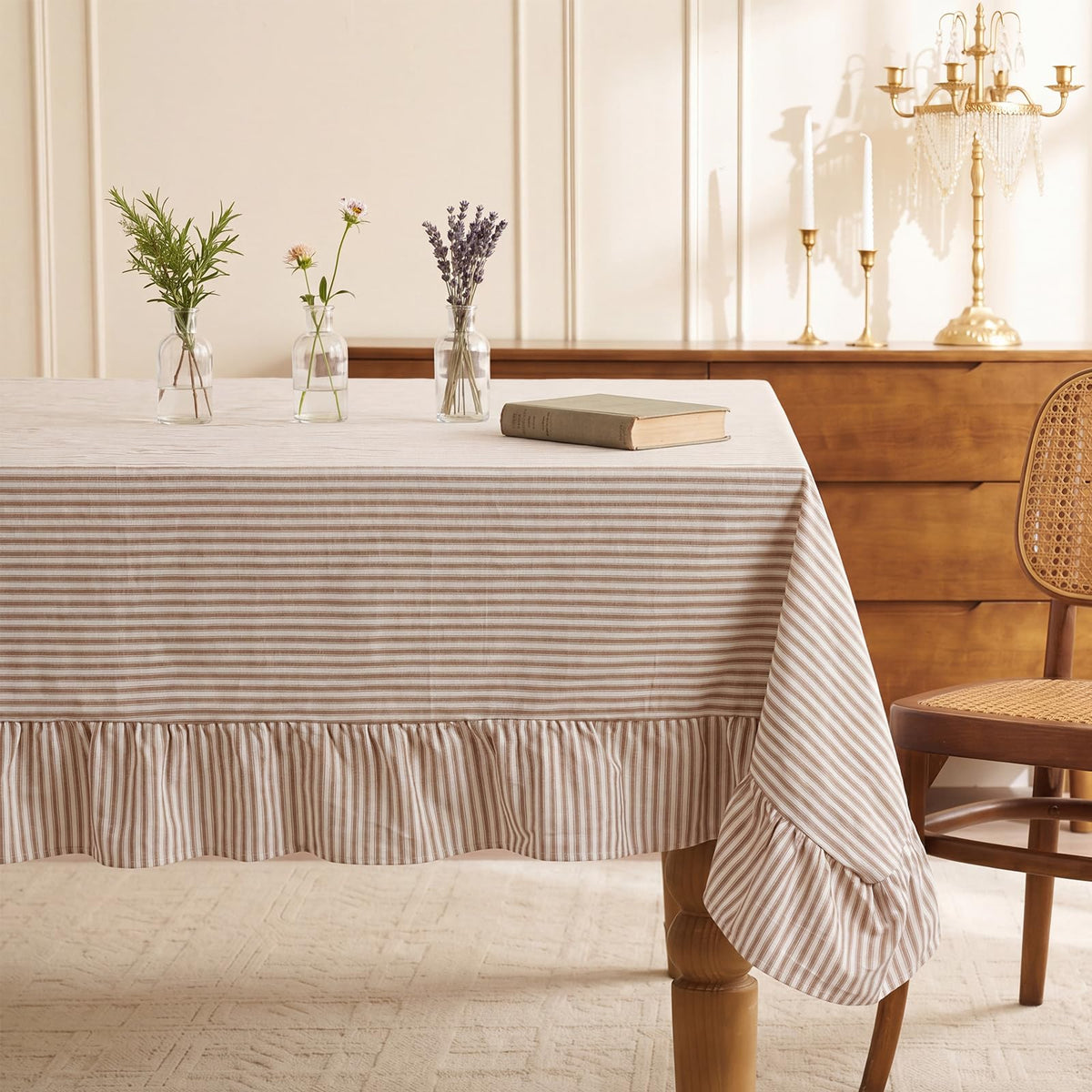 Moukeren 60 x 120 in Farmhouse Ruffle Striped Tablecloth, Pink, Striped