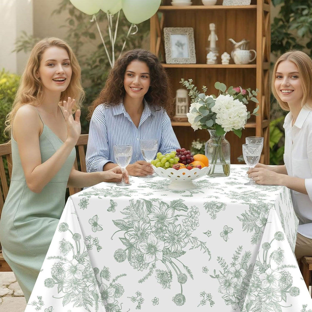 NatNarr 3 Pack Sage Green Floral Plastic Tablecloths, Tea Party Tablecloth