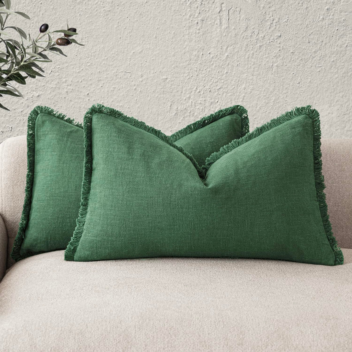 Foindtower Decorative Linen Fringe Throw Pillow Covers 20×20 Olive Green