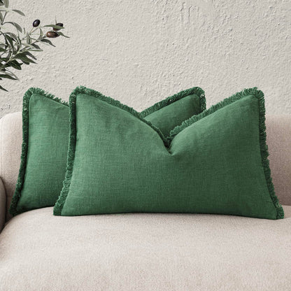 Foindtower Decorative Linen Fringe Throw Pillow Covers 20×20 Olive Green