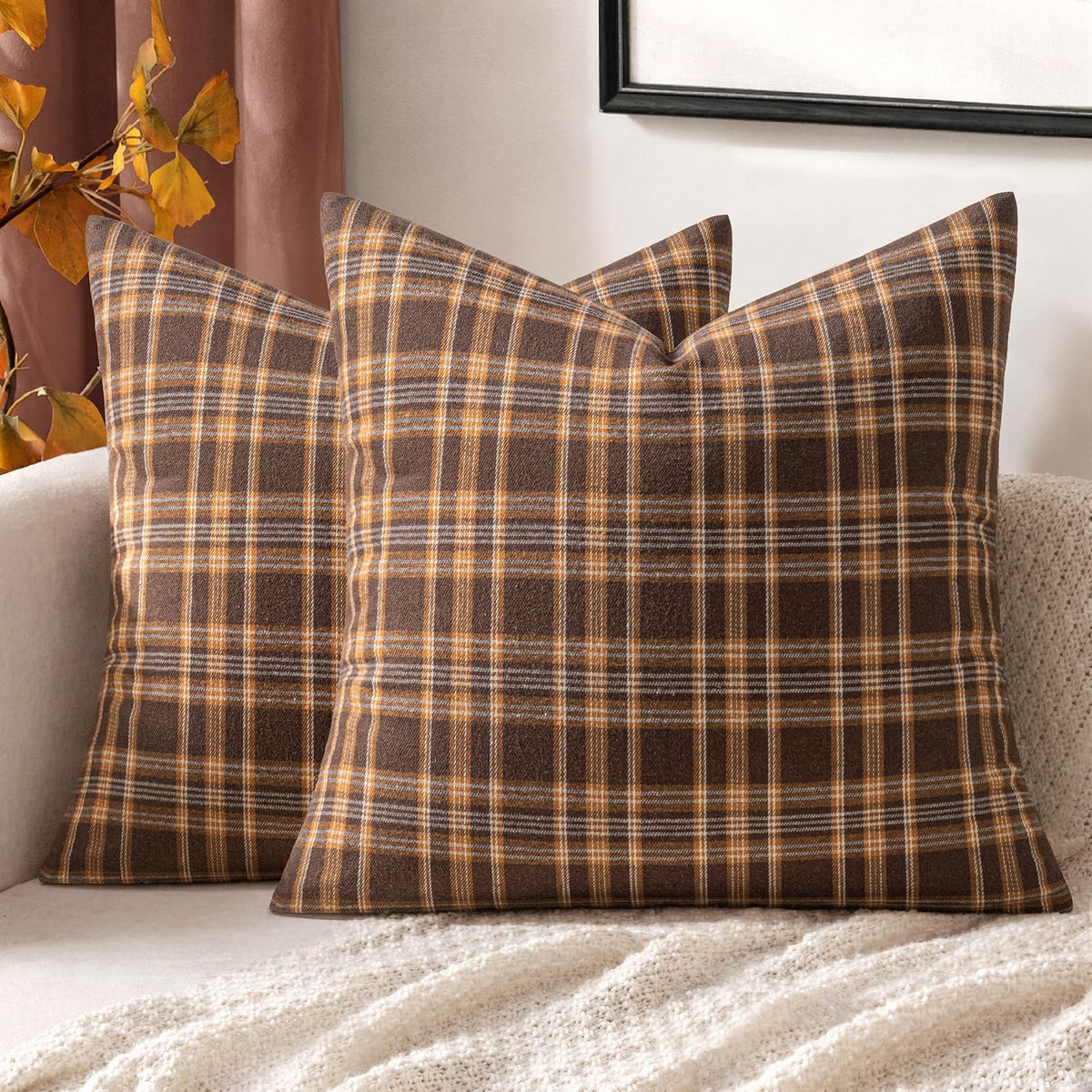 MIULEE Fall Plaid Pillow Covers Scottish Tartan 18x18 Terracotta Brown