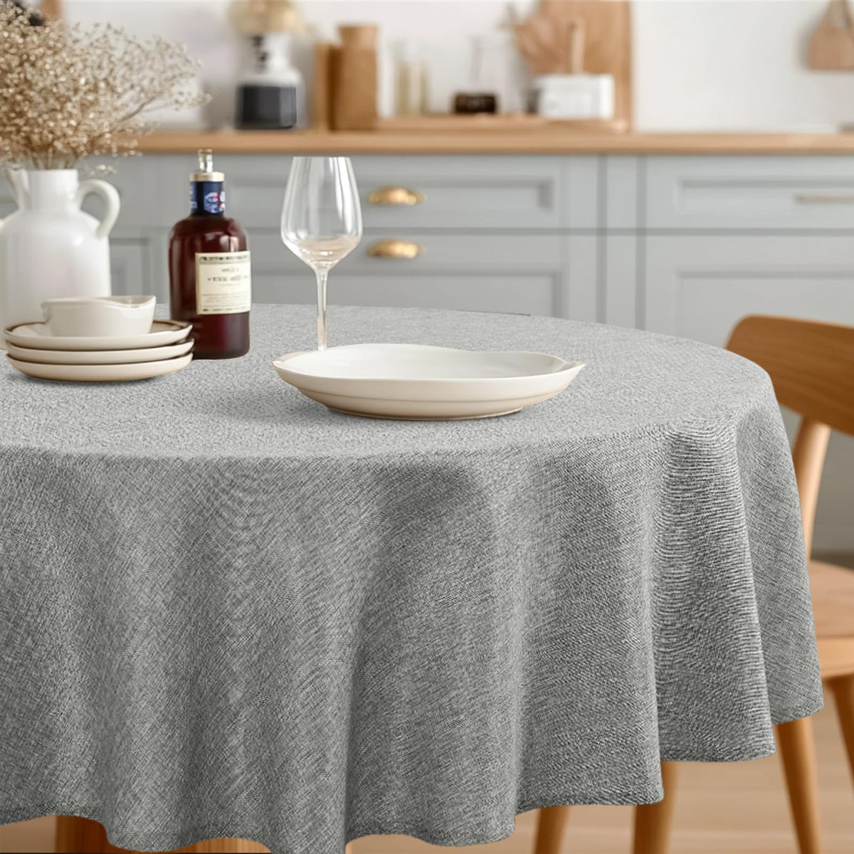 JIUZHEN Round Table Cloth Faux Linen Farmhouse Tablecloth Wrinkle and Stain Resistant Decorative Fabric Table Cover for Kitchen, Dining Room, Parties and Camping, Beige, 120 Inch Round
