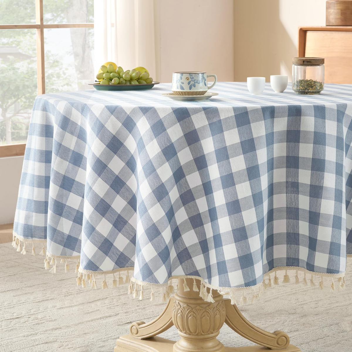 Softalker Gingham Rectangle Tablecloth with Tassel, Sage Green, 55" x 84"