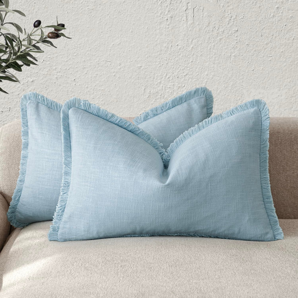 Foindtower Decorative Linen Fringe Throw Pillow Covers 20×20 Olive Green